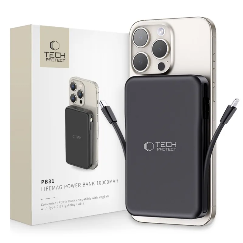 Power Bank Tech-Protect LifeMag PB31 s MagSafe 10 000 mAh 15 W USB-C / USB-A / vstavaný USB-C / Lightning káble - čierny