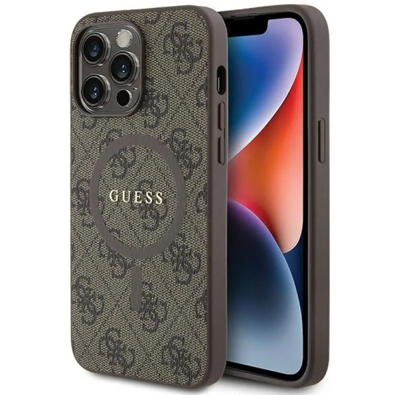 Guess 4G Collection kožené puzdro s kovovým logom MagSafe pre iPhone 13 Pro / iPhone 13 – hnedé