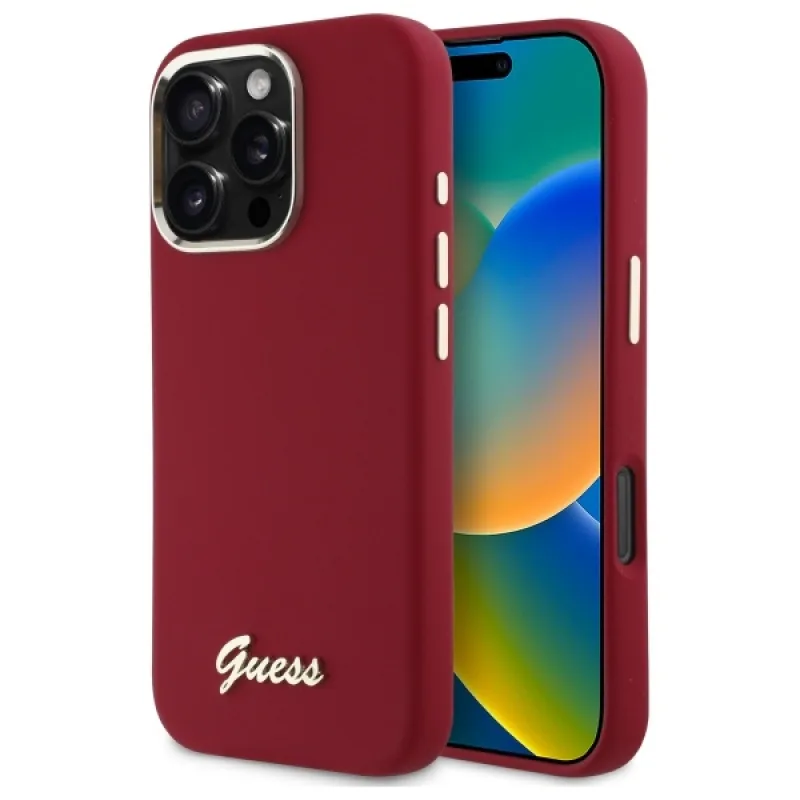 Puzdro Guess Silicone Script Metal Logo iPhone 16 Pro – ružové