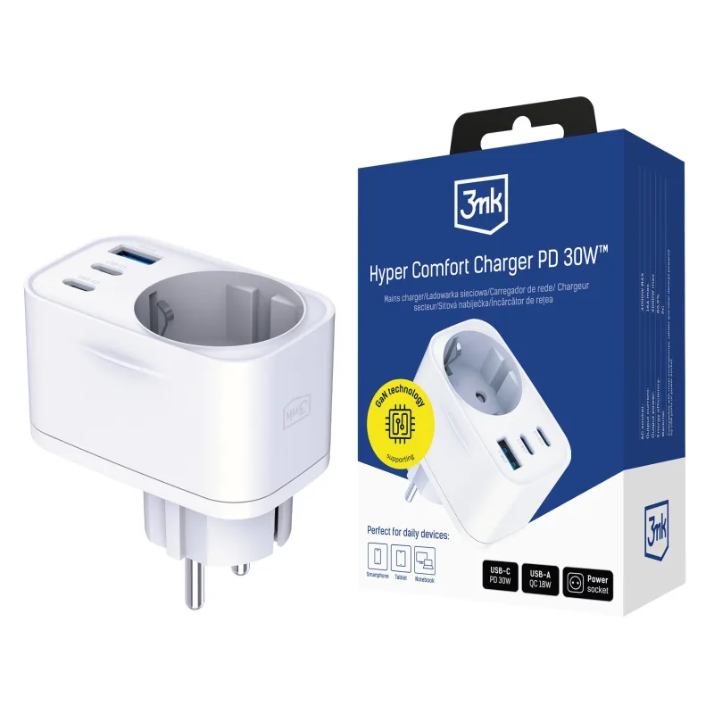 3mk síťová nabíječka Comfort Charger GaN 30W, bílá 5903108636254