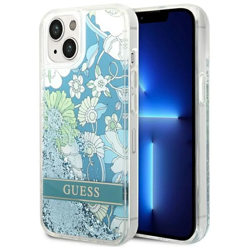 Guess GUHCP14SLFLSN iPhone 14 6,1 "zeleno/zelené pevné puzdro Flower Liquid Glitter