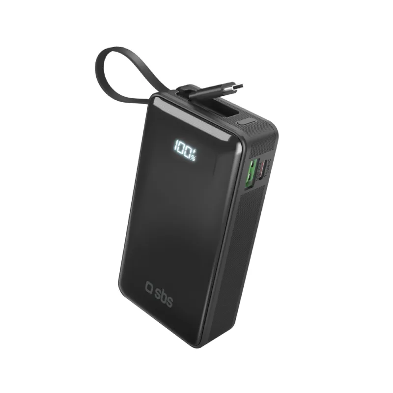 Powerbanka SBS 10000 mAh 20W so vstavaným káblom USB-C a digitálnym displejom - čierna