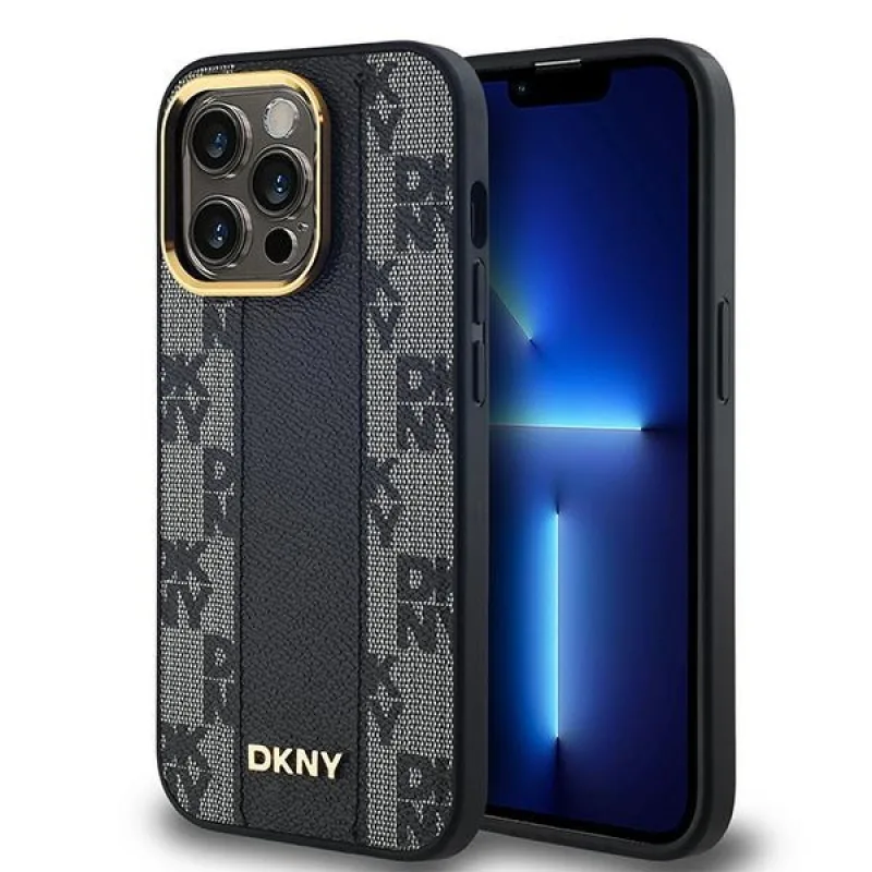 DKNY Leather Checkered Mono Pattern MagSafe puzdro pre iPhone 14 Pro - čierne
