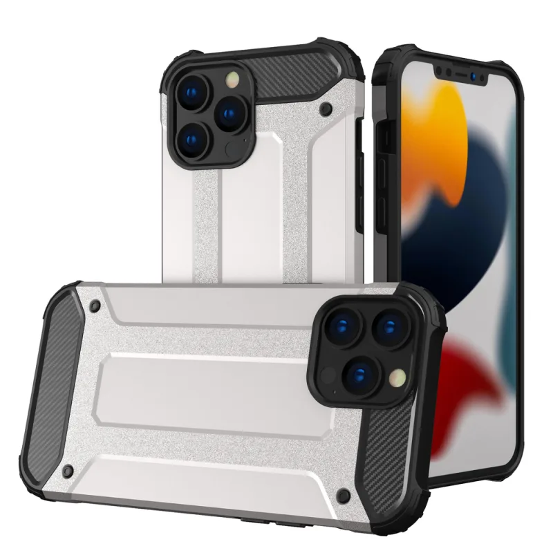 Pevný odolný kryt Hybrid Armor Case pre iPhone 13 Pro strieborný