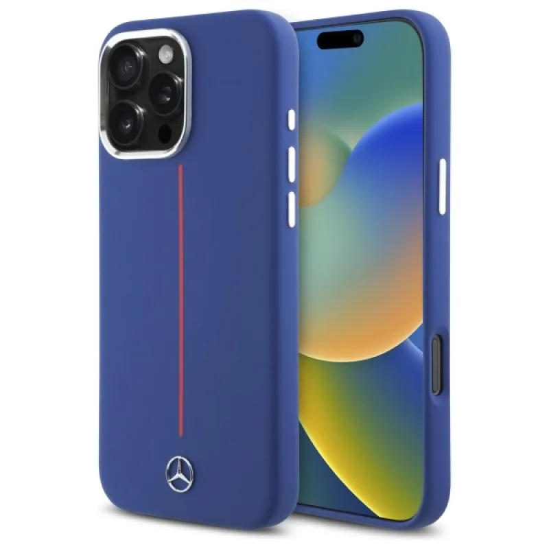Mercedes Silicone Red Stripe MagSafe Case pre iPhone 16 Pro Max – námornícka modrá
