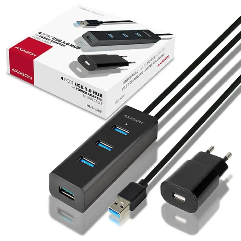 AXAGON HUE-S2BP, 4x USB 3.0 CHARGING hub, vr. AC adaptéra, kábel USB-A 1…