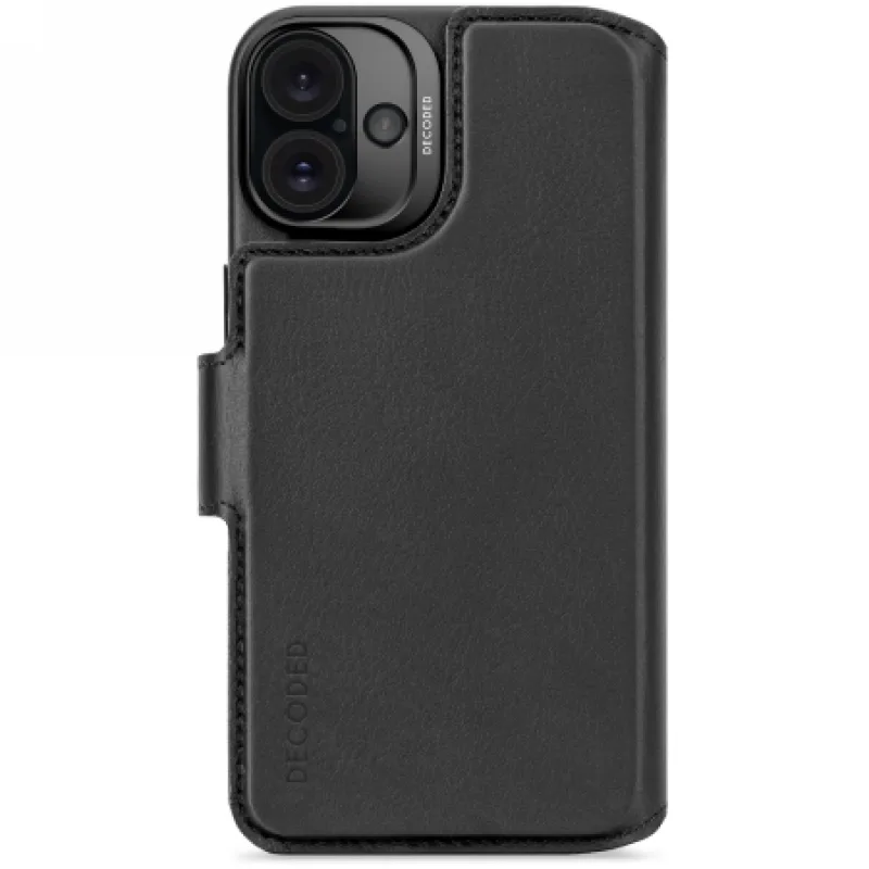 Dekódované kožené odnímateľné puzdro MagSafe s peňaženkou pre iPhone 16 Plus – čierne
