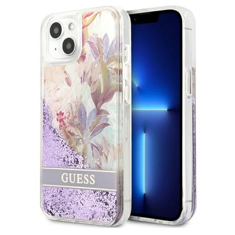 Guess GUHCP13SLFLSU iPhone 13 mini 5,4" fialovofialové pevné puzdro Flower Liquid Glitter
