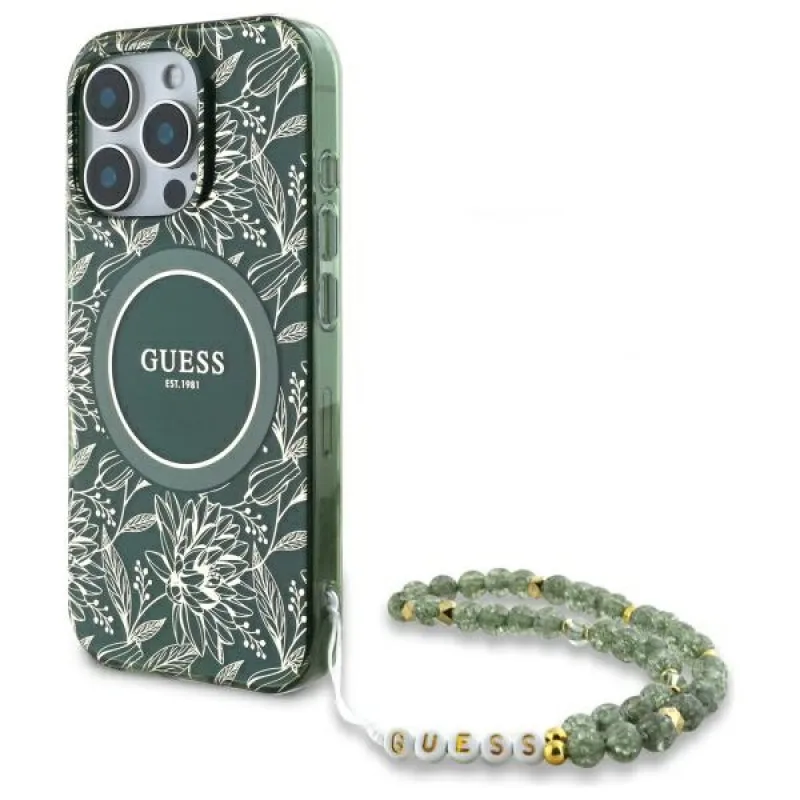 Guess IML Flowers Allover Electro With Pearl Strap Puzdro MagSafe pre iPhone 16 Pro Max – zelené