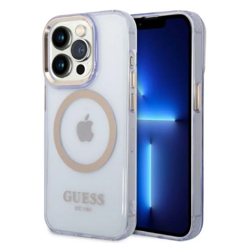 Guess Gold Outline Translucent MagSafe Case pre iPhone 14 Pro Max 6,7" – fialový