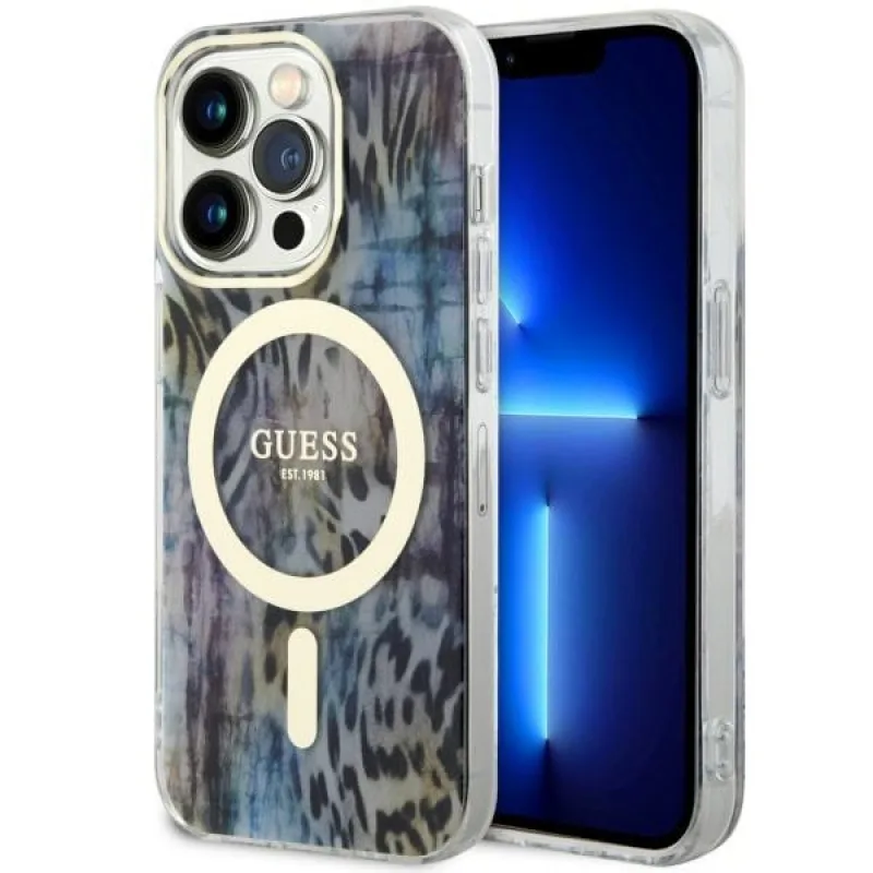 Guess GUHMP14LHLEOPWB iPhone 14 Pro 6,1" modro/modré pevné puzdro Leopard MagSafe