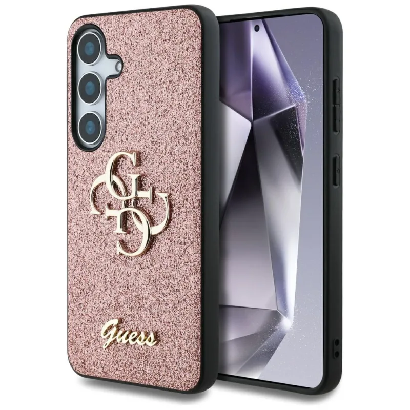 Guess Fixed Glitter Big 4G puzdro s kovovým logom pre Samsung Galaxy S25 Pink