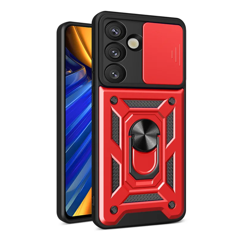 Hybrid Armor Camshield s krytom fotoaparátu a kovovým krúžkom pre Samsung Galaxy S25 – červený