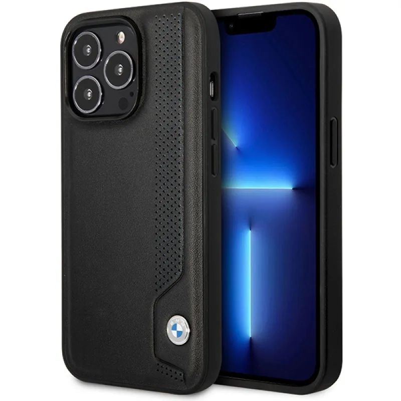 Puzdro BMW BMHCP14X22RBDK iPhone 14 Pro Max 6,7" čierne/čierne pevné puzdro Kožené modré bodky