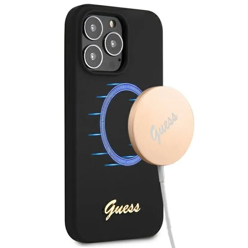 Guess GUHMP13XLSLMGBK iPhone 13 Pro Max 6,7" čierno-čierne pevné puzdro Silicone Script Gold Logo MagSafe