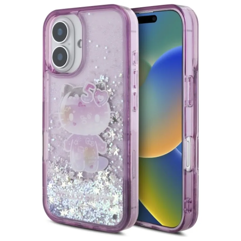 Puzdro Hello Kitty Liquid Glitter 50TH Anniversary Party na iPhone 16 – fialové