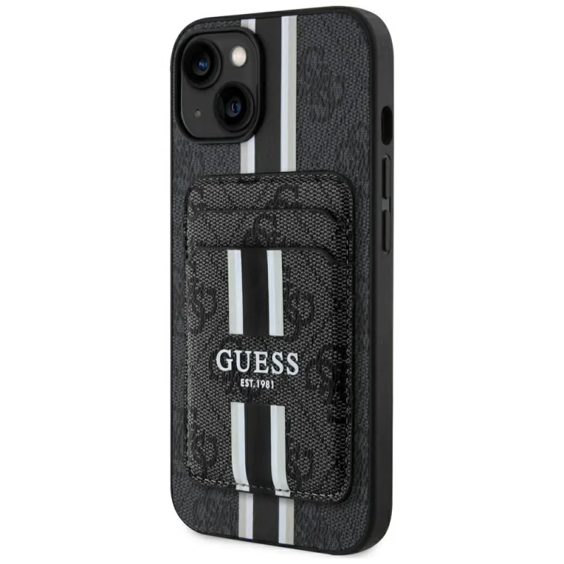 Puzdro Guess 4G Stripes s peňaženkou Magsafe pre iPhone 15 čierne