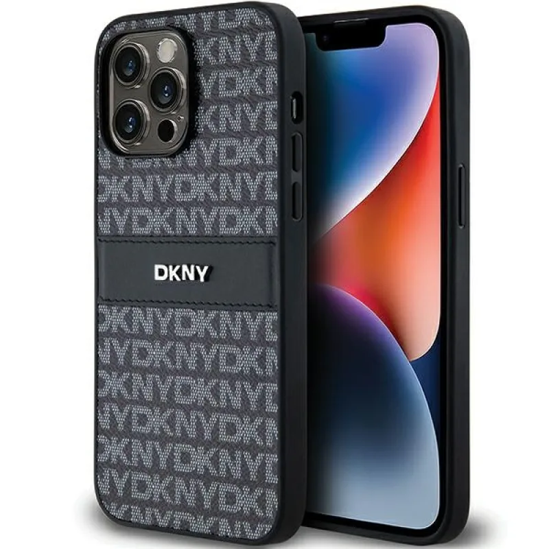 Púzdro DKNY Leather Mono Stripe & Metal Logo pre iPhone 14 Pro Max - čierne