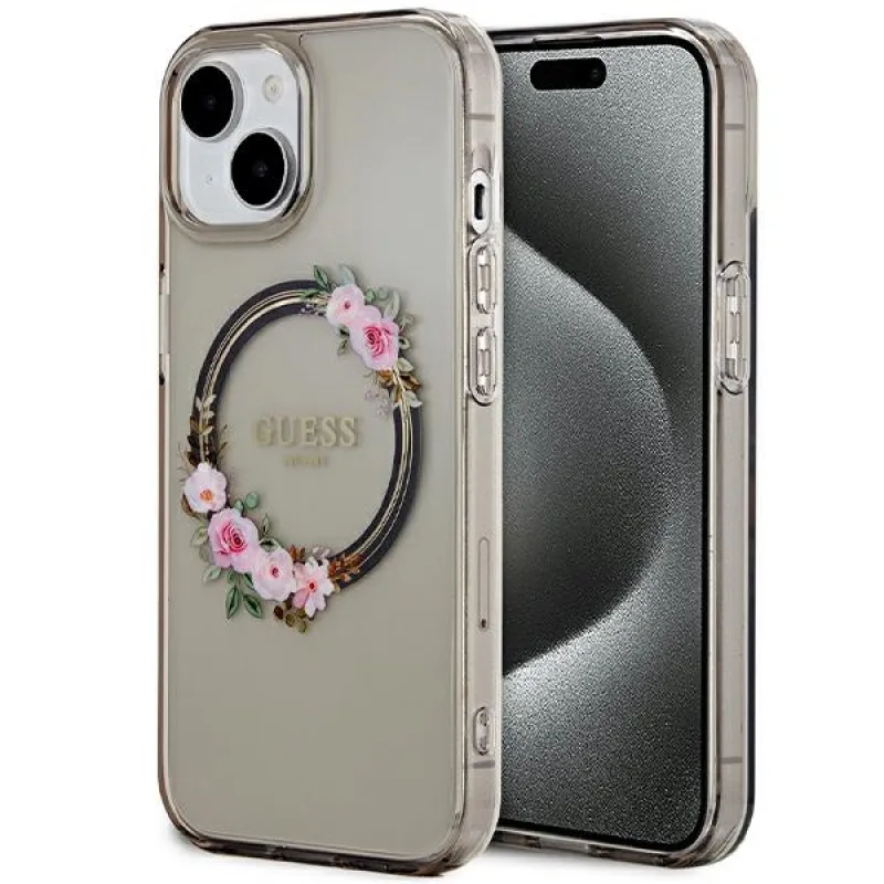Puzdro Guess IML Flowers Wreath MagSafe pre iPhone 15 / 14 / 13 - čierne