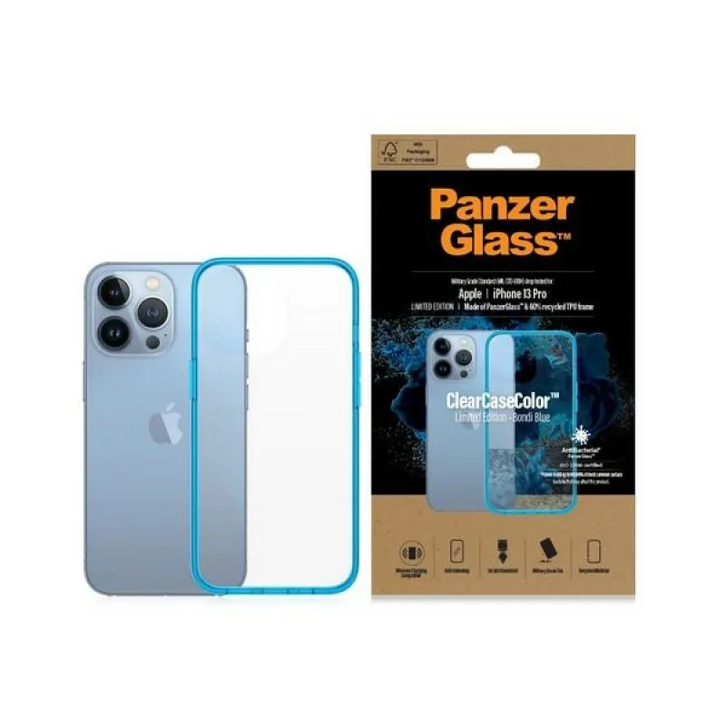 Antibakteriálne puzdro PanzerGlass ClearCase s certifikáciou Military Grade pre iPhone 13 Pro – priehľadné modré
