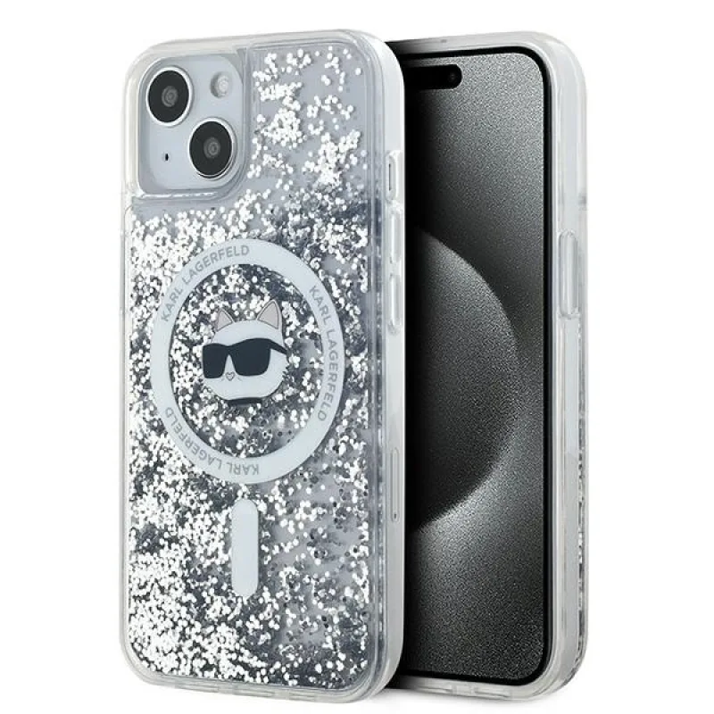 Puzdro Karl Lagerfeld Liquid Glitter Choupette Head MagSafe pre iPhone 13 - priehľadné