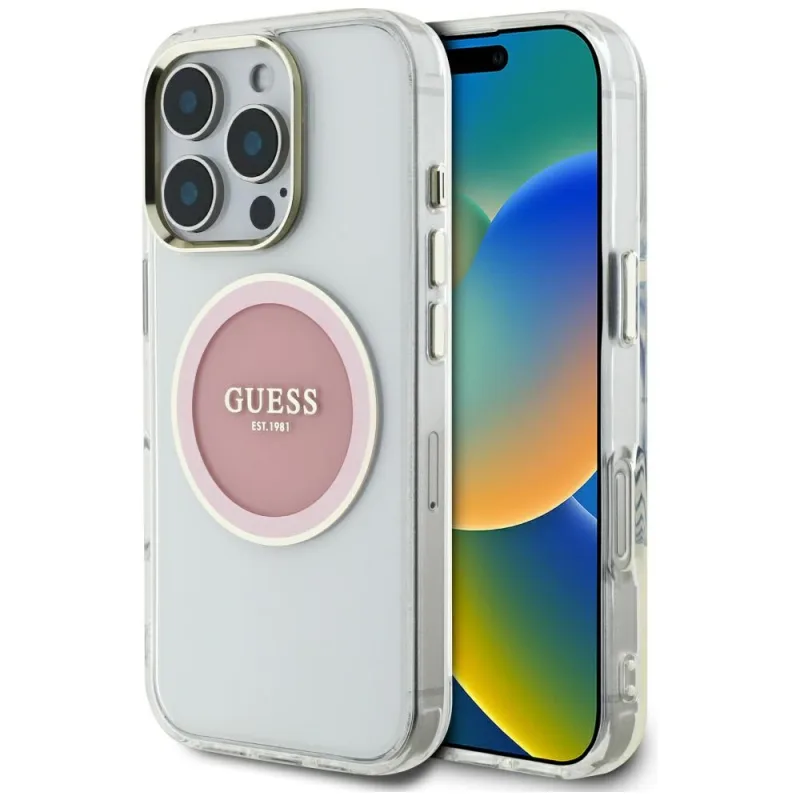 Puzdro Guess IML Metal Colored Circle Classic Logo MagSafe iPhone 16 Pro – ružové