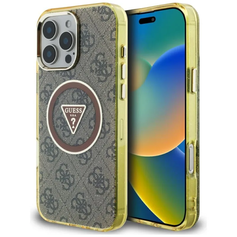 Puzdro Guess IML Metal Glitter 4G Circle Triangle MagSafe Case pre iPhone 16 Pro – hnedé