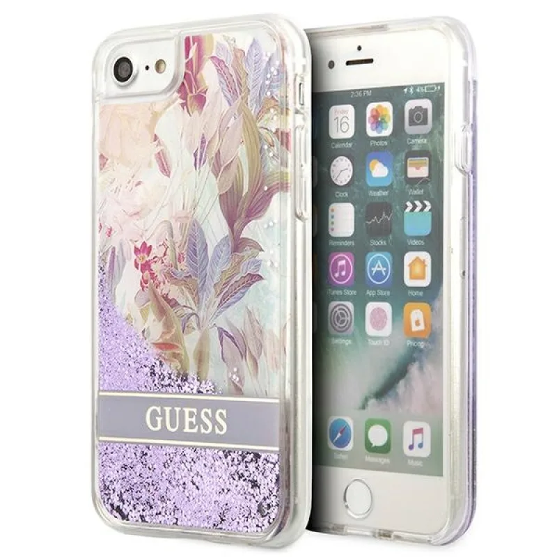 Guess Flower Liquid Glitter puzdro pre iPhone SE 2022 / SE 2020 / 7 / 8 - fialové