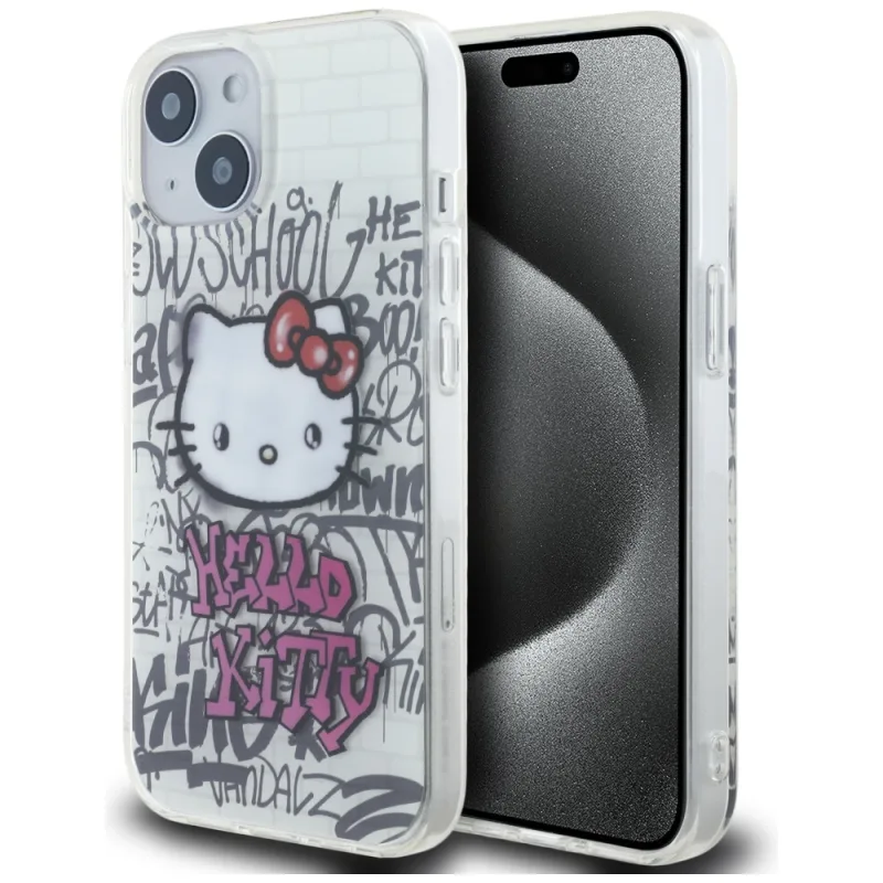 Puzdro Hello Kitty IML Kitty On Bricks Graffiti pre iPhone 15 - biele