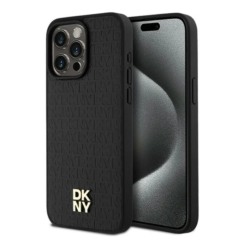 Kožený vzor DKNY s monogramom Kovové logo MagSafe Case pre iPhone 15 Pro Max – čierny