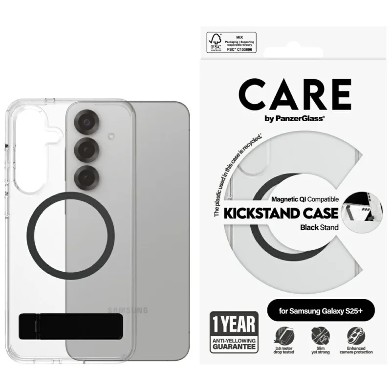 CARE by PanzerGlass Feature Black Kickstand & QI Case pre Samsung Galaxy S25+ – priehľadné