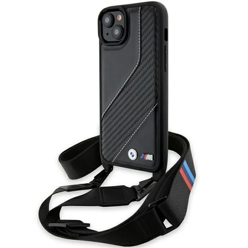 Puzdro BMW M Edition Carbon Stripe & Strap pre iPhone 15 Plus / 14 Plus - čierne