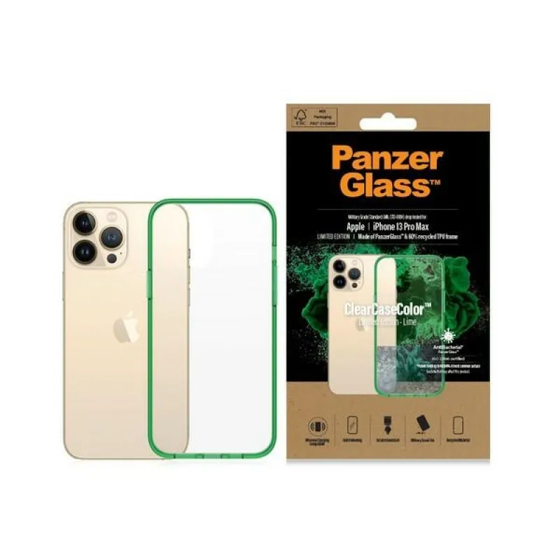 Antibakteriálne puzdro PanzerGlass ClearCase s certifikáciou Military Grade pre iPhone 13 Pro Max – priehľadné zelené