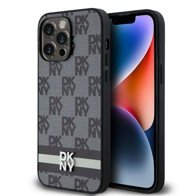 Kožené puzdro DKNY s kockovaným mono vzorom a tlačenými pruhmi pre iPhone 14 Pro Max – čierne