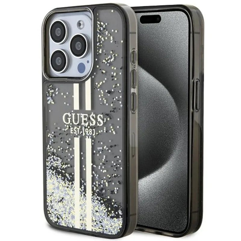 Puzdro Guess Liquid Glitter Gold Stripes pre iPhone 15 Pro - čierne