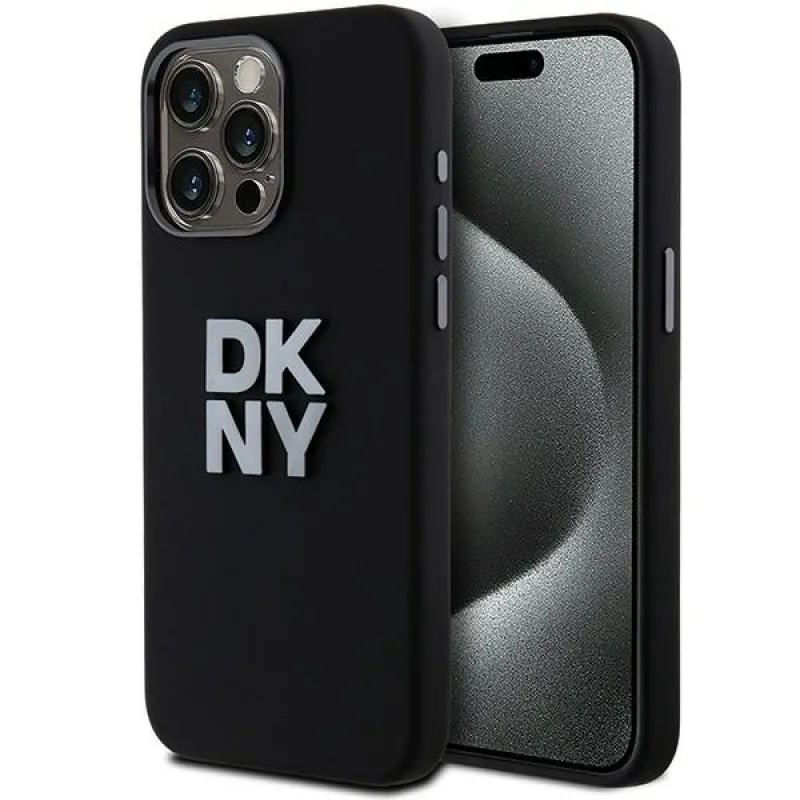 Puzdro DKNY s tekutým silikónovým kovovým logom na iPhone 15 Pro – čierne