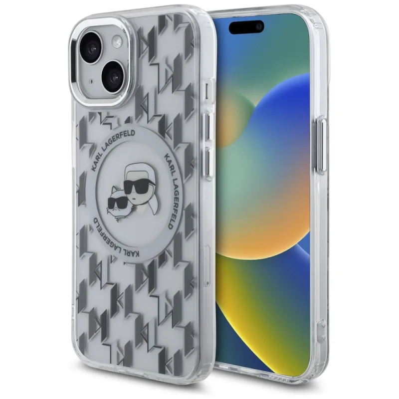 Karl Lagerfeld IML Monogram Karl & Choupette Head MagSafe iPhone 15 Puzdro – priehľadné