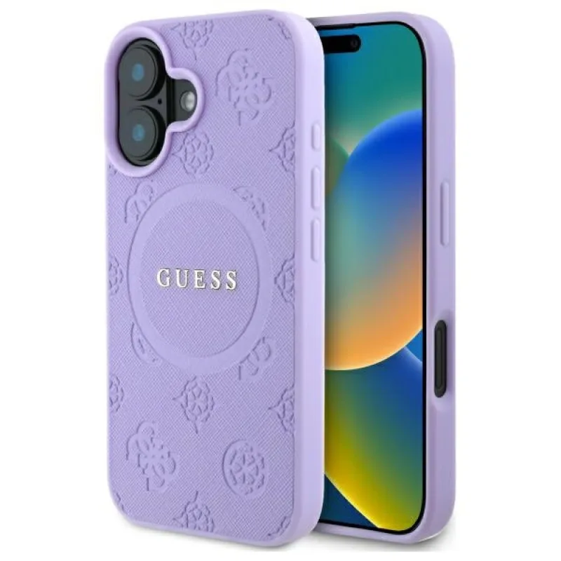 Puzdro Guess Saffiano Peony Classic Logo MagSafena na iPhone 16 Plus – fialové