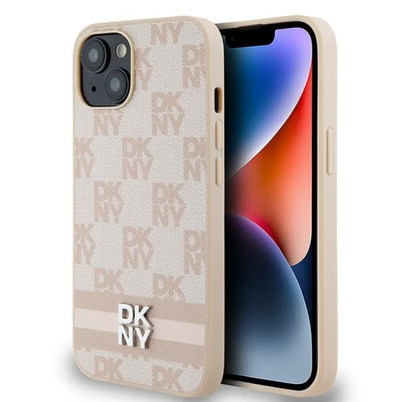 Kožené puzdro DKNY s kockovaným mono vzorom a tlačenými pruhmi pre iPhone 15 / 14 / 13 - ružové