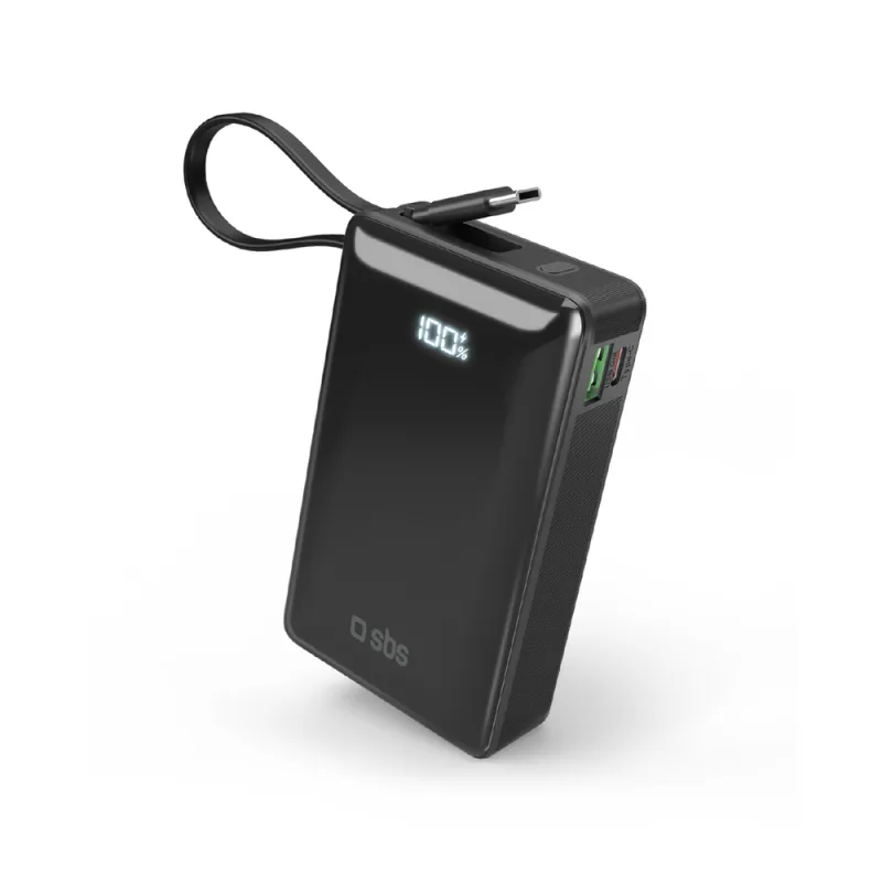 Powerbanka SBS 20000 mAh 20W so vstavaným káblom USB-C a digitálnym displejom - čierna