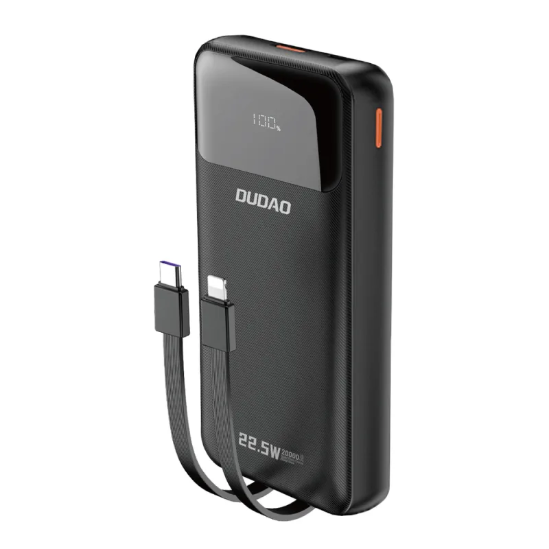 Dudao K15Pro Power Bank 20 000 mAh 22,5 W PD USB-C / USB-A / Vstavané káble Lightning a USB-C – čierne