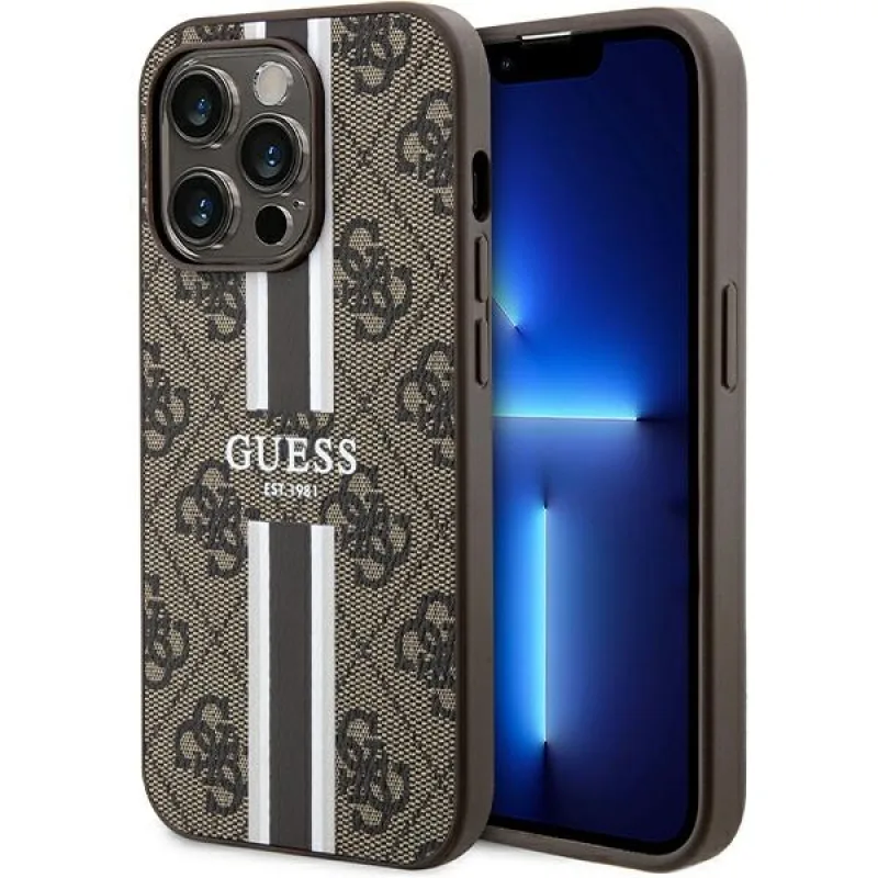 Guess 4G Printed Stripes MagSafe puzdro pre iPhone 15 Pro - hnedé