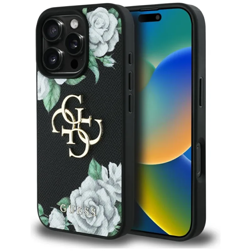 Guess Grained Roses Big 4G logo Puzdro na iPhone 16 Pro – čierne