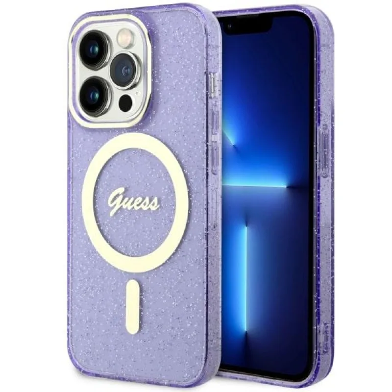 Guess GUHMP14LHCMCGU iPhone 14 Pro 6,1" fialovofialové pevné puzdro Glitter Gold MagSafe