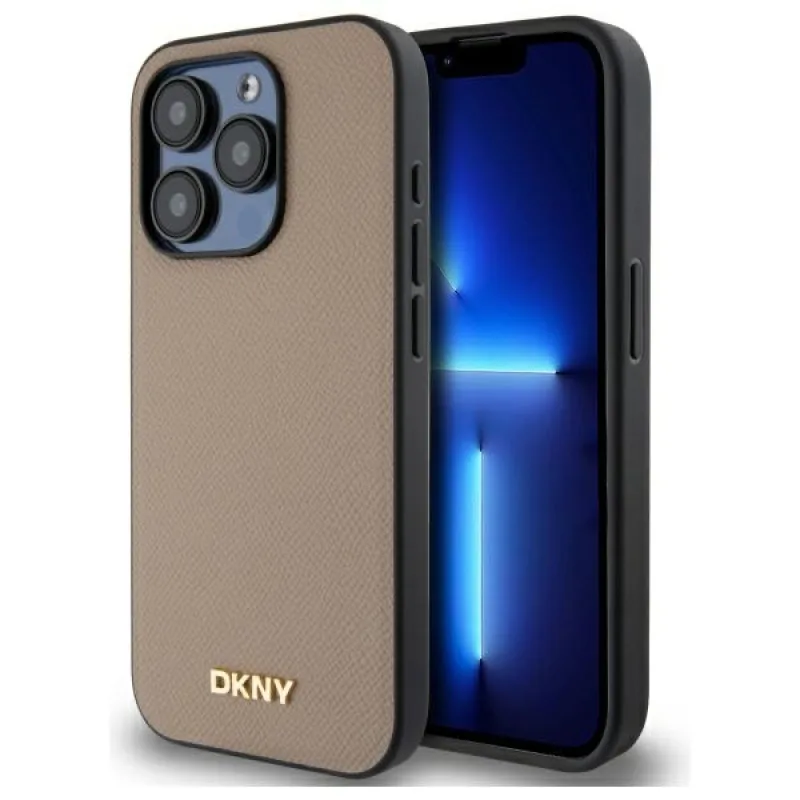 Puzdro DKNY Grained Metal Logo MagSafe iPhone 15 Pro Max – béžové