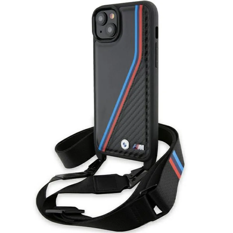 Puzdro BMW M Edition Carbon Tricolor Lines & Strap pre iPhone 15 Plus / 14 Plus - čierne