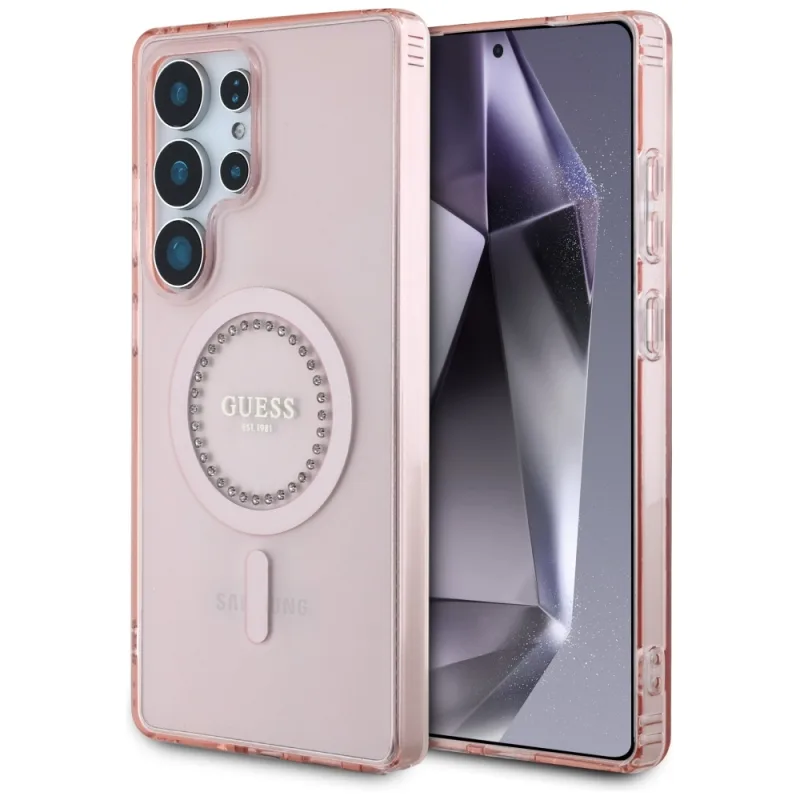 Guess Rhinestones vytlačené klasické logo MagSafe Samsung Galaxy S25 Ultra puzdro ružové