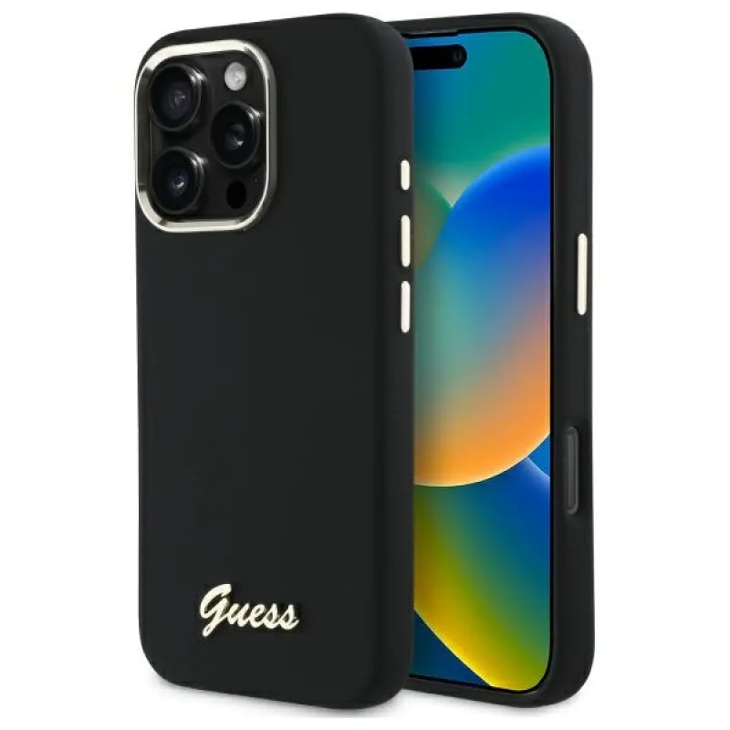 Guess Silicone Script kovové logo a rámové puzdro pre iPhone 16 Pro – čierne
