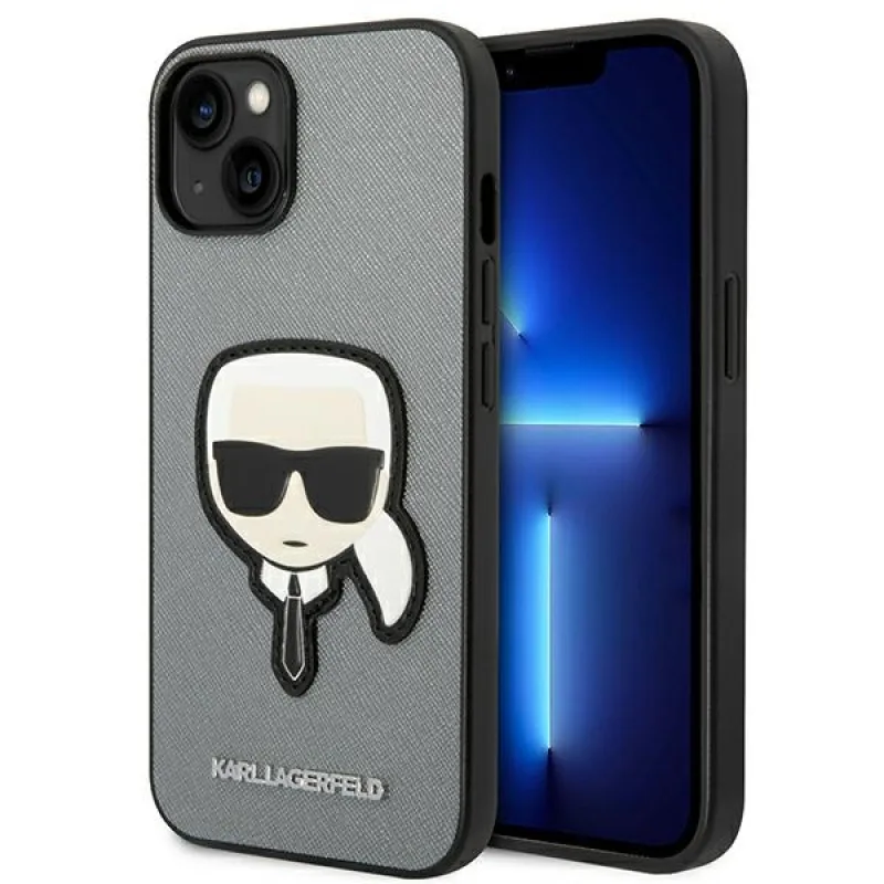Karl Lagerfeld Saffiano Karl's Head Patch puzdro pre iPhone 14 Plus - strieborné