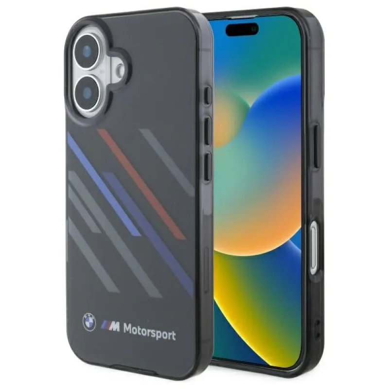 Puzdro BMW Motosport IML Random Stripes na iPhone 16 Plus – čierne